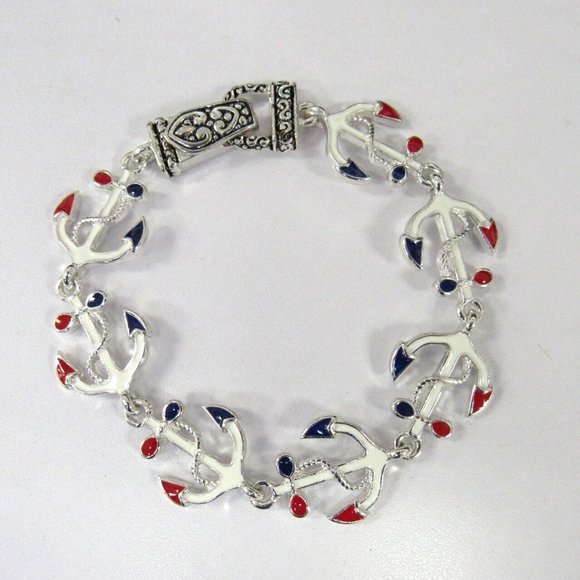 Silver Plated Anchor Charm Bracelet Red White Blue Multicolor - Picture 1 of 2